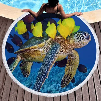 

SOFTBATFY Turtle Thick Terry Round Beach Towel with Tassel Dropshipping
