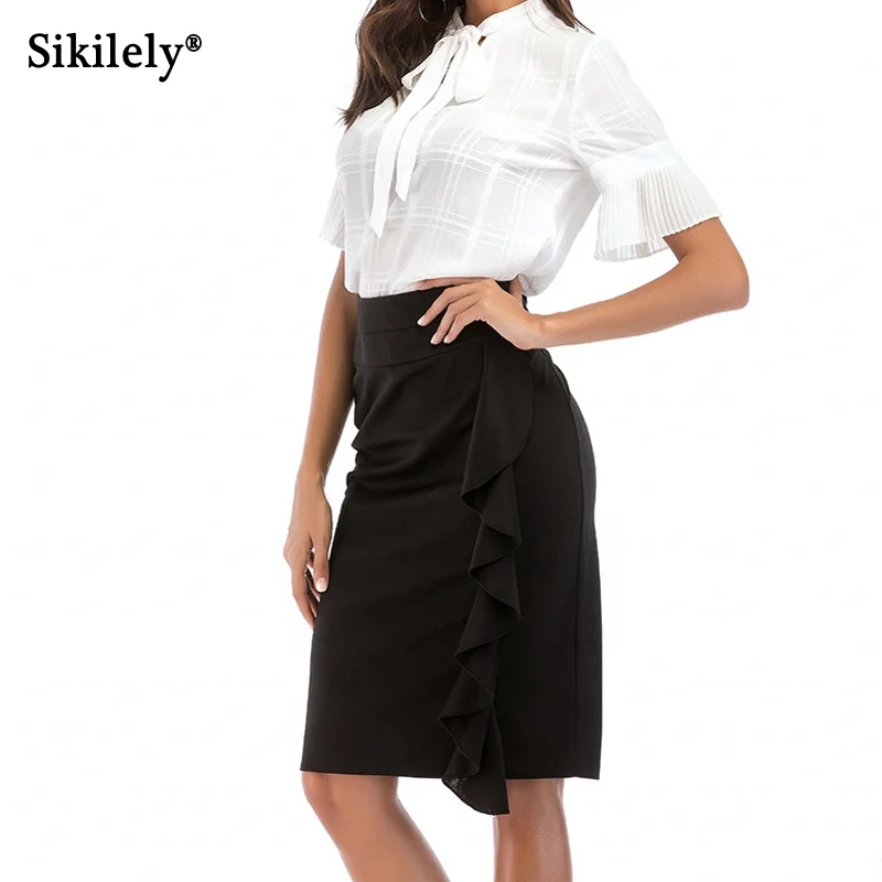 Sikilely Office Lady Knee Length Skirt for Work Black Pencil Skirts