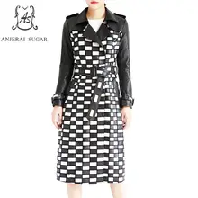 Autumn sheepskin genuine leather jacket women Advanced customization Black-white grid female long windbreaker real leather coat