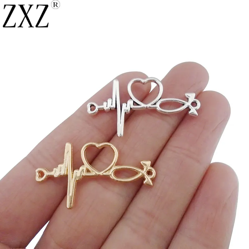 

ZXZ 10pcs Antique Silver /Gold Tone Stethoscope Heartbeat Connector Charms 2 Sided for Jewelry Making Findings 34x19mm