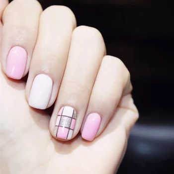 

Fashion pink white and shining sliver hit pure color nine lattice false nails 24pcs lady full nail tips cute short fake nails