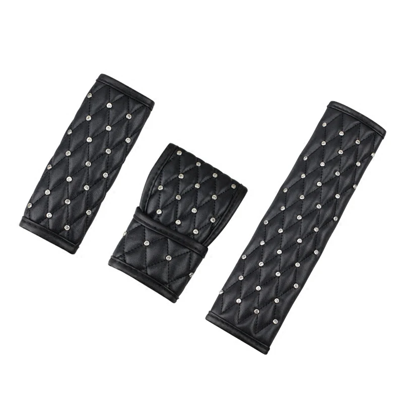 Car Shifter Covers Car Handbrake Grips Cover Set Leather Crystal Rhinestone Black Interior Accessories For Women Girls hand brake cover
