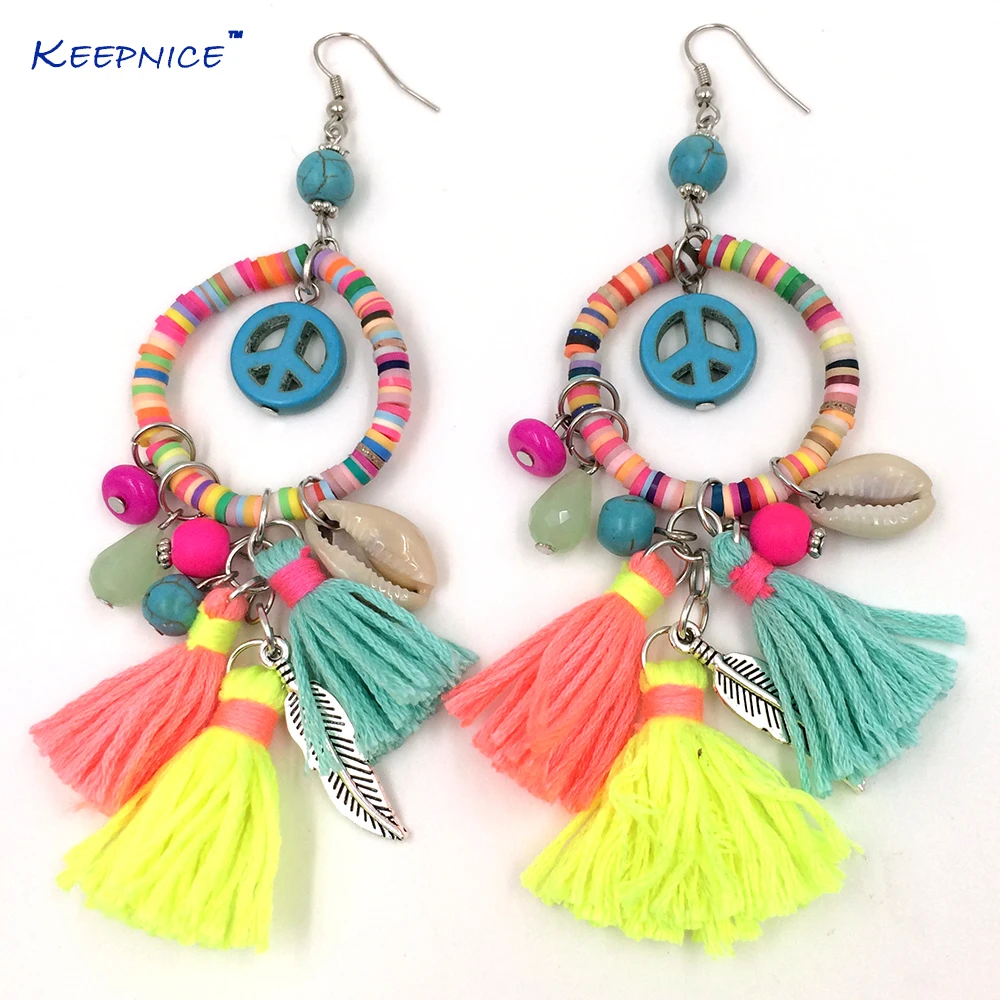 

New dangle earrings with cotton tassel colorful summer style Polymer clay beads charms earrings with peace symbol