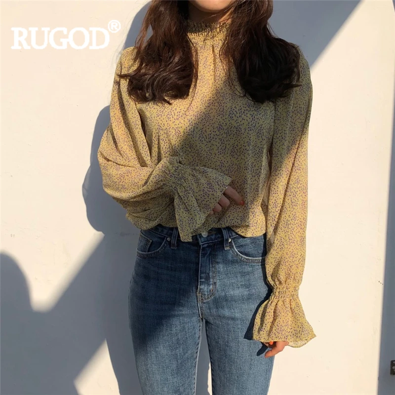 

2019 RUGOD Spring Chiffon blouse Print Elegant Turtleneck Flare sleeve Sweet Women blouse