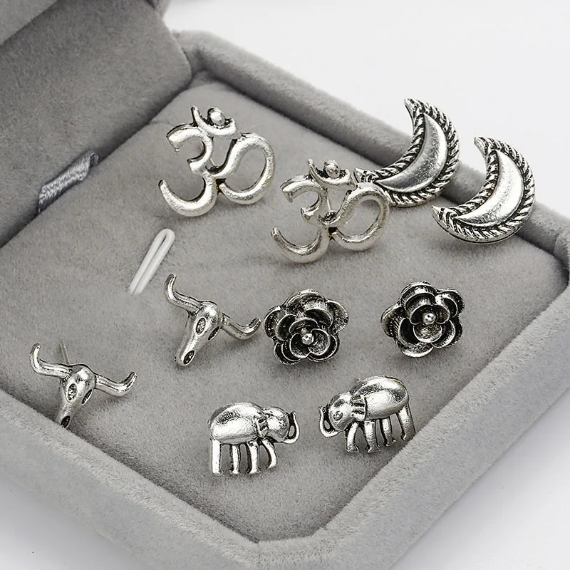 

5Pair/set Vintage Silver Moon Flower Elephant OM Small Cute Ear Stud Earring for Fashion Women