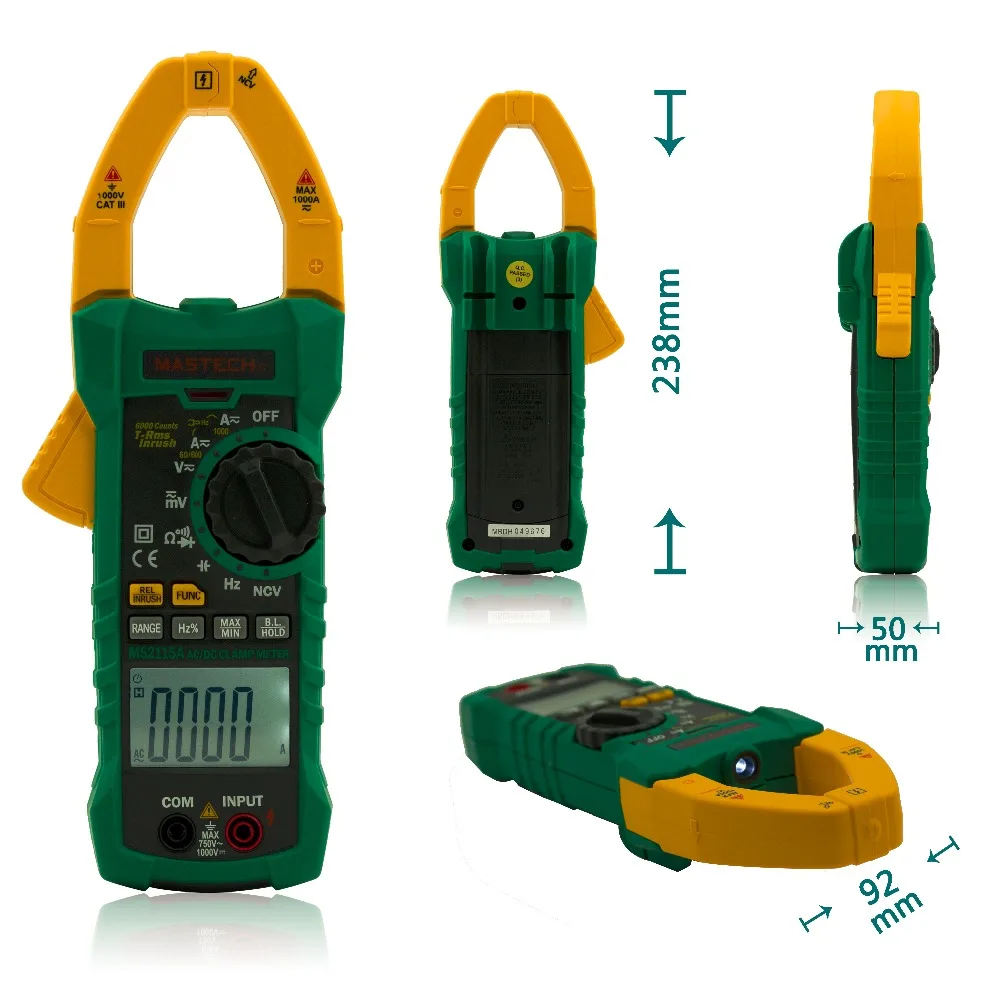 MASTECH MS2115A Цифровой DC AC клещи мультиметр True RMS Напряжение Ток Сопротивление Емкость 1000A тестер