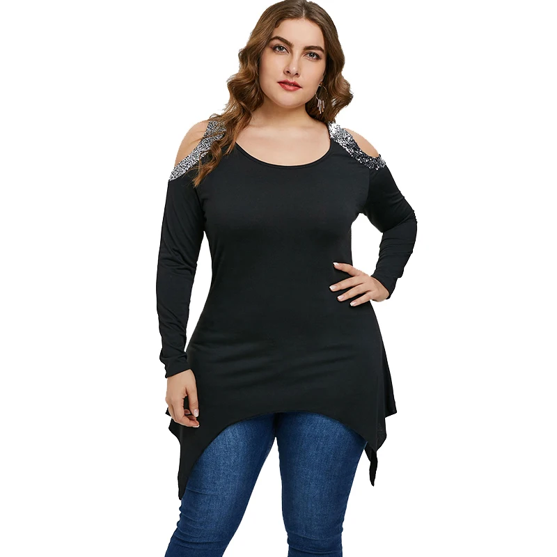 WHZHM Plus Size 4XL 5XL Black T Shirt Women Spring Long Sleeve Round