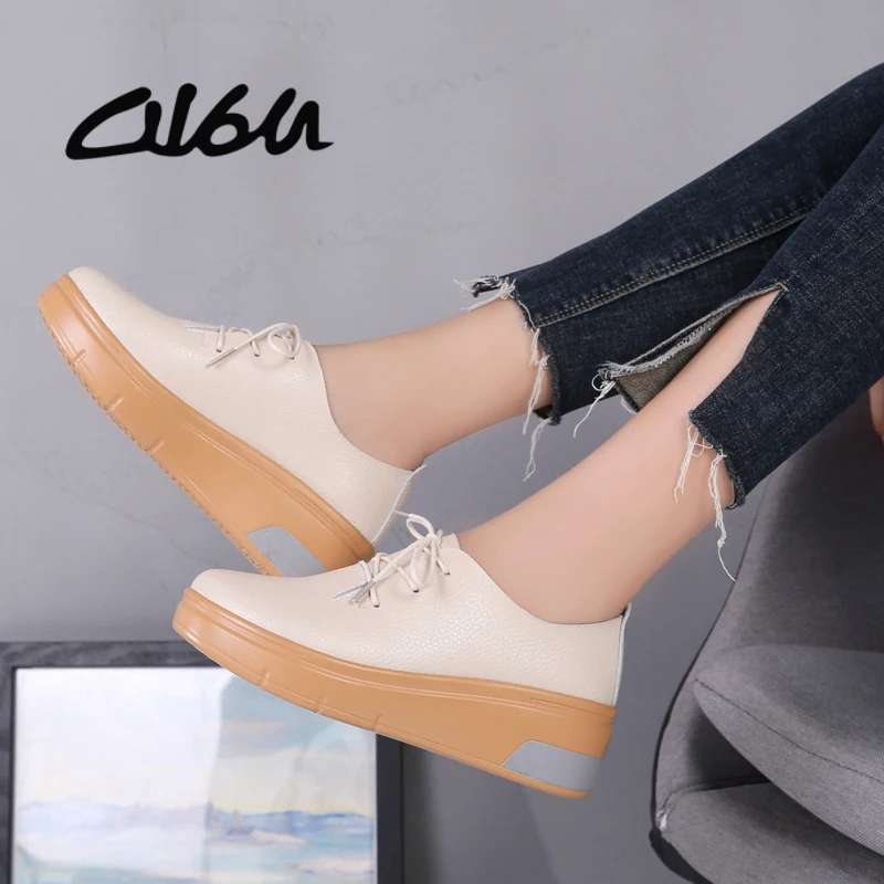 

O16U Winter Women Casual Shoes Genuine Leather Lace up Flat Platform Fashion Oxfords Ladies Black Plush Women Flats Shoes Spring