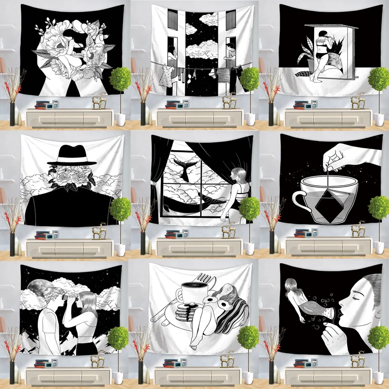 

Pop Art Black White Creative Tapestry Polyester Rectangular Living Room Bedroom Home Decor Background Decoration Wall Hanging