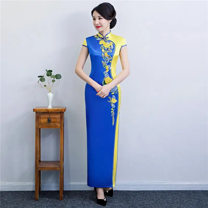 Пикантные Длинные Cheongsam Лето Винтаж платье в китайском стиле Модные женские район Qipao Тонкий Вечерние платья с пуговицами Vestido - Цвет: Blue Yellow