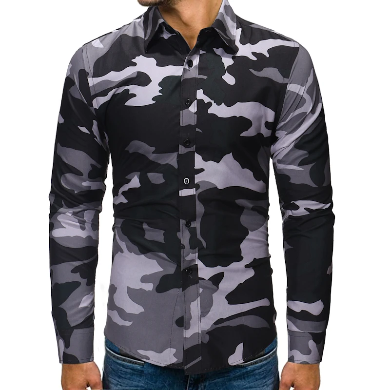 Brand 2018 Fashion Male Shirt Long Sleeves Tops Camouflage Mens Dress Shirts Slim Men Shirt M