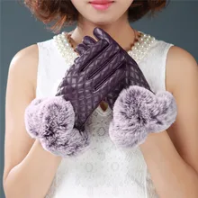 New Winter Warm Mitten Women PU font b Leather b font Rabbit Fur Balls font b