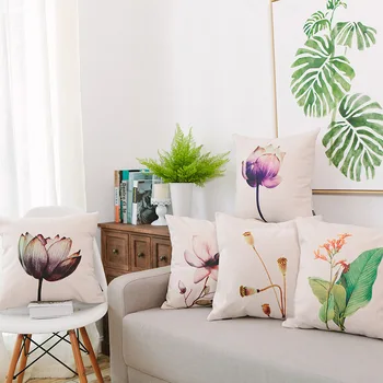 

New Lotus Painting Pattern Pillow Cover Linen Cotton Chinese Style Waist Pillow Case Washable Cushion for Home Hotel Office