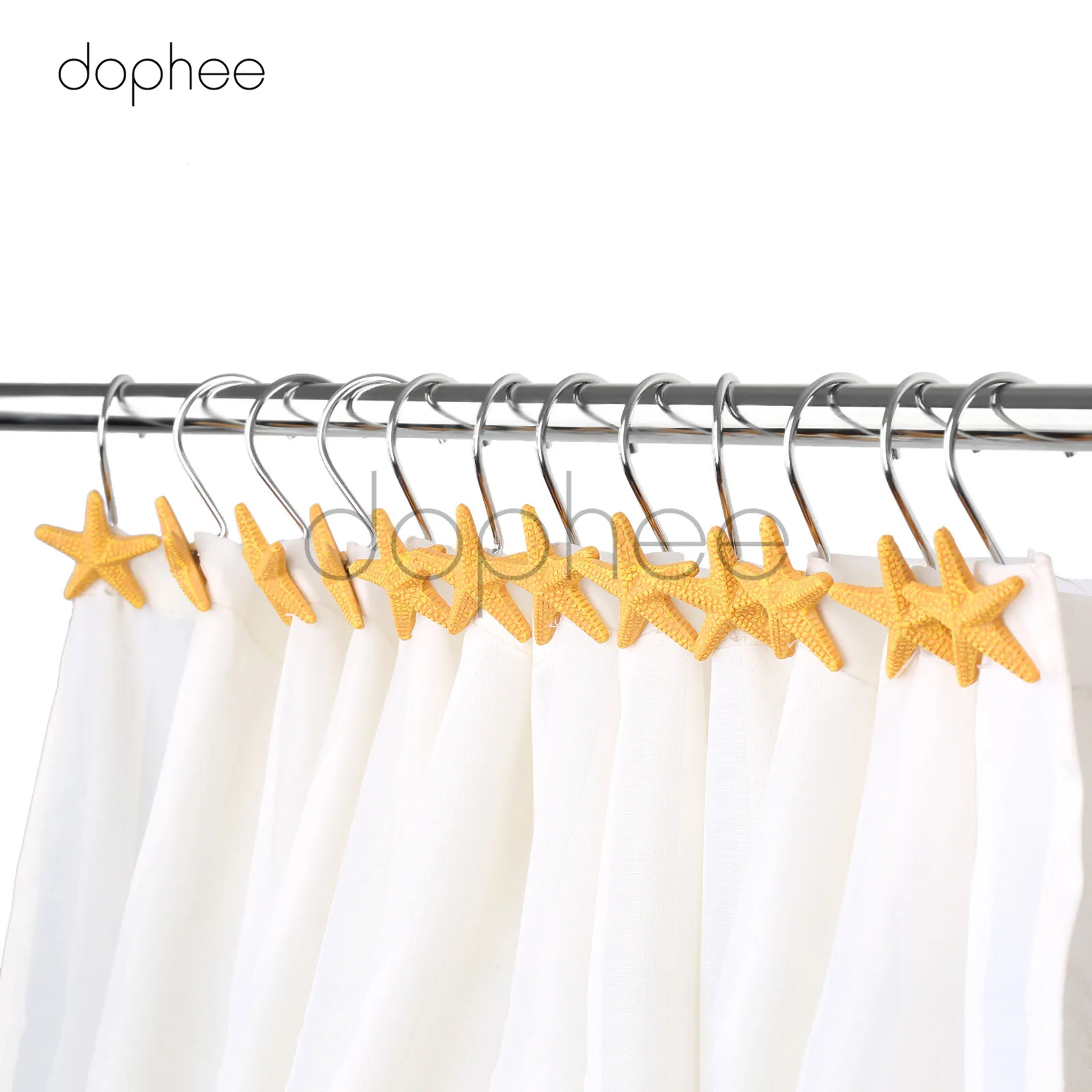 dophee 12pcs Glide Shower Curtain Hooks Decorative Yellow Resin Starfish Bathroom Hangers Home