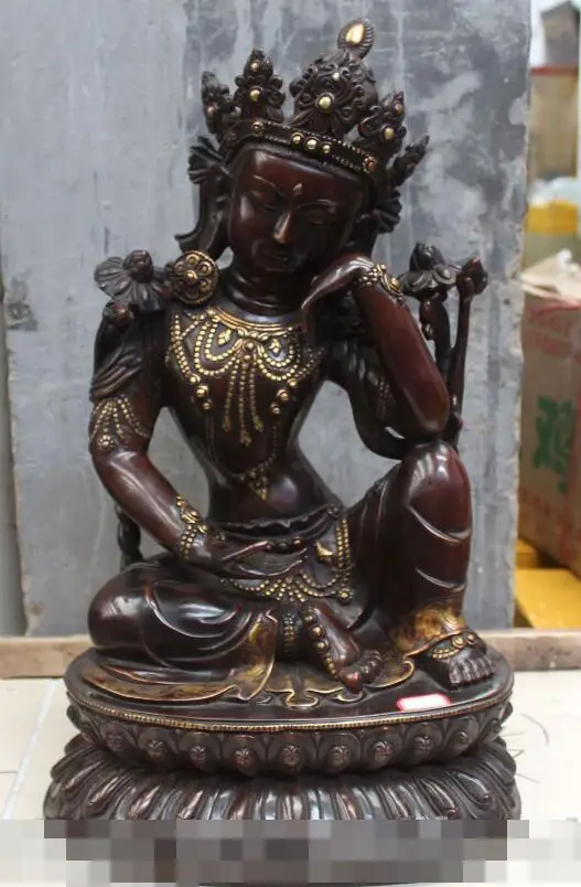 

S06047 20" Tibet Purple Bronze Gilt Seat Green Tara Goddess Kwan-yin Buddha Statue