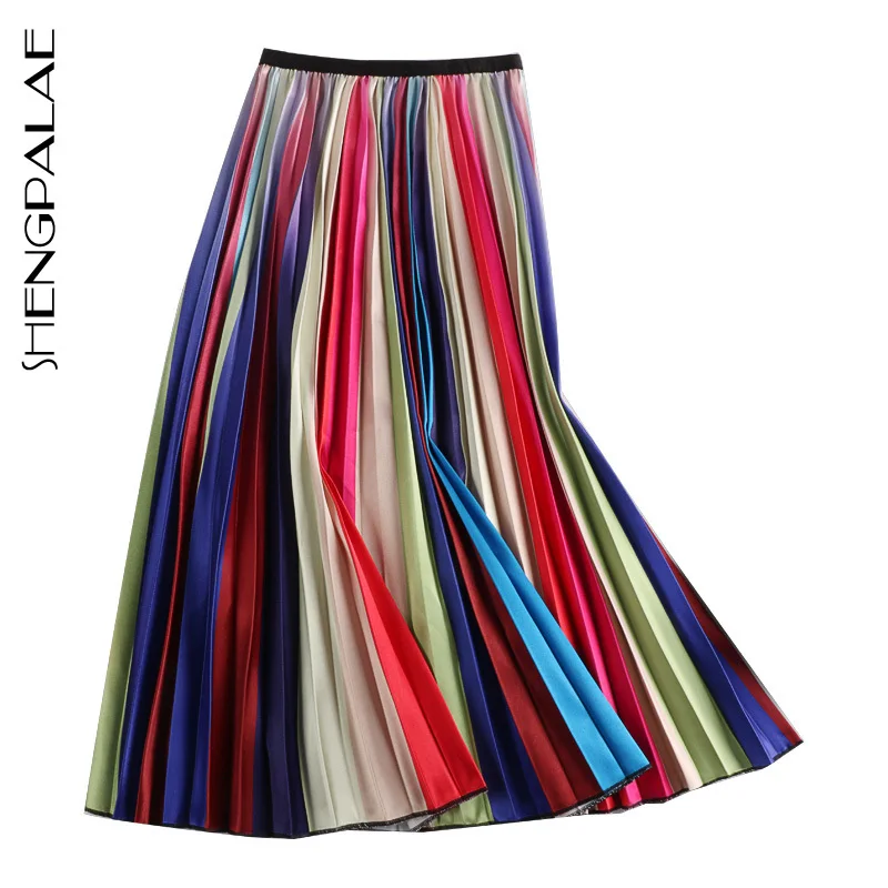 

SHENGPALAE High Waist Colors Printing Striped Skirts Loose Large Size 2019 New Summer Spring Korean Pleated Women Skirt FQ009