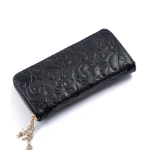 Yesello Женские кошельки из коровьей кожи с Цветочным Тиснением, держатели для монет, кошелек на молнии, женские сумки для денег, Длинные кошельки для карточек