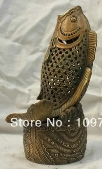 

00615 China Bronze Wealth Coin JiXiang FengShui Fish Statue Box Incense Burner Censer