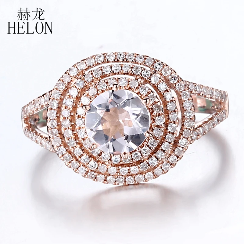 

HELON Solid 14K Rose Gold 6mm Round 100% Genuine Morganite Gemstone Ring Natural Diamonds Engagement Wedding Ring Fine Jewelry