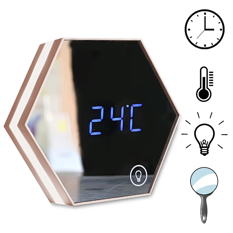 USB Mirror Digital Alarm Clock Bedroom Bathroom Night Light Wall Mount Table LED Lamp Makeup Mirror Muti Function Beauty Tool