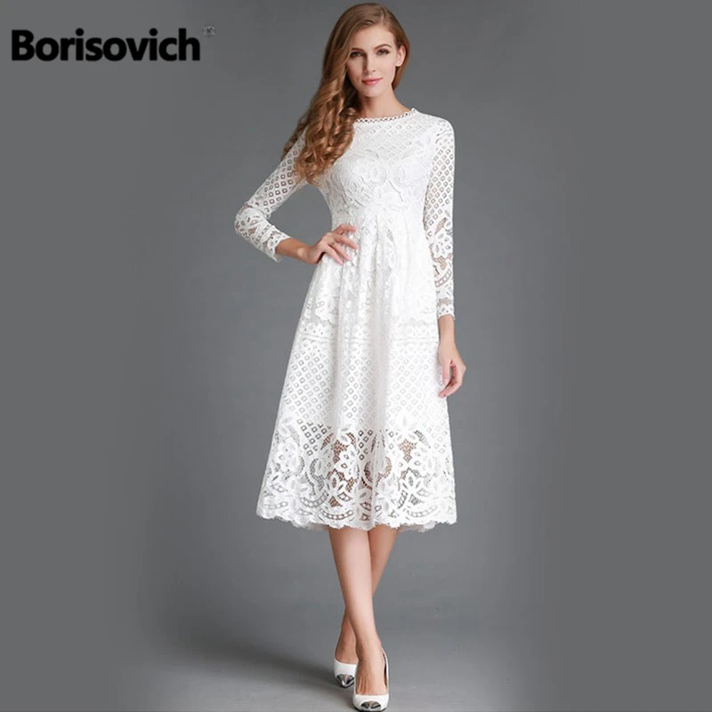 

New 2018 Autumn Fashion Hollow Out Elegant White Lace Elegant Party Dress High Quality Women Long Sleeve Casual Dresses M369