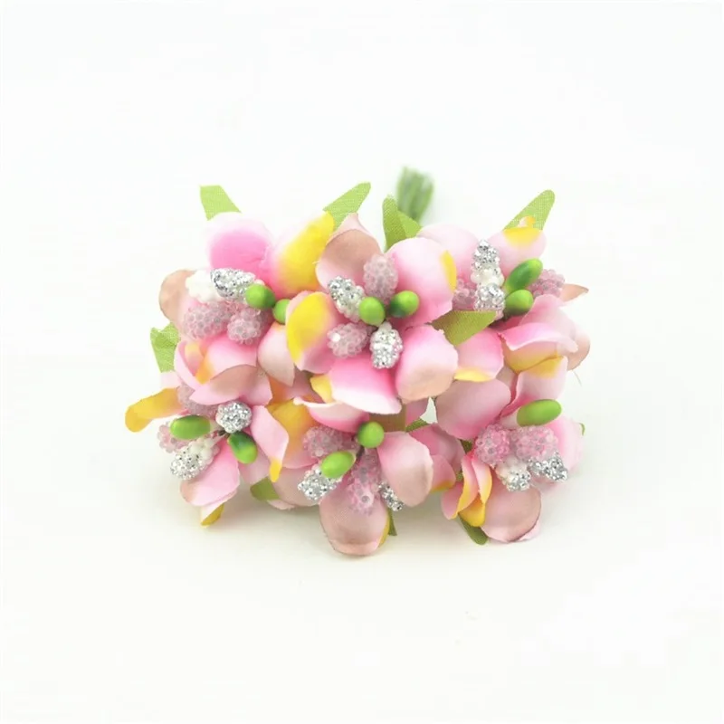 

6pcs/lot Mini Silk Rose Artificial Flower Bouquet With Glass Stamen For Wedding Decoration DIY Scrapbooking Craft Fake Flower