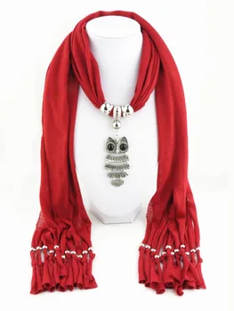 

TagerWilen Pendant Scarf Necklace Owl Necklaces For Women Polyester Solid Tassels Scarves Jewelry Wrap Female Accessories X-06