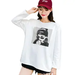 Новая весенняя женская футболка с длинным рукавом, большие размеры, свободная хлопковая Футболка с круглым вырезом, пуловер с буквенным