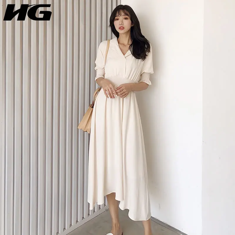 

[HG] 2019 New Europe Preppy Style Loose Solid Color Half Sleeve Turn-down Collar Fashion Women Summer Knee-length Dress ZLL3517