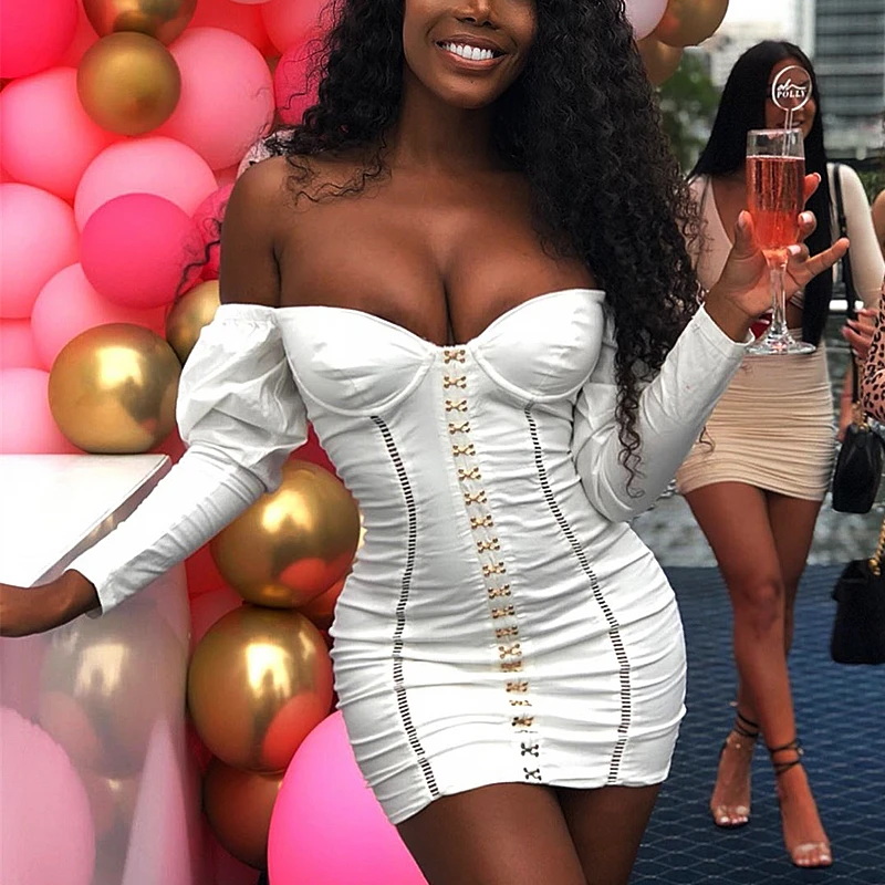 

Sexy Long Sleeve Bodycon Buckledress Women Vintage Royal Square Neck Mini Dress Party Club Elastic Off Shoulder Dress