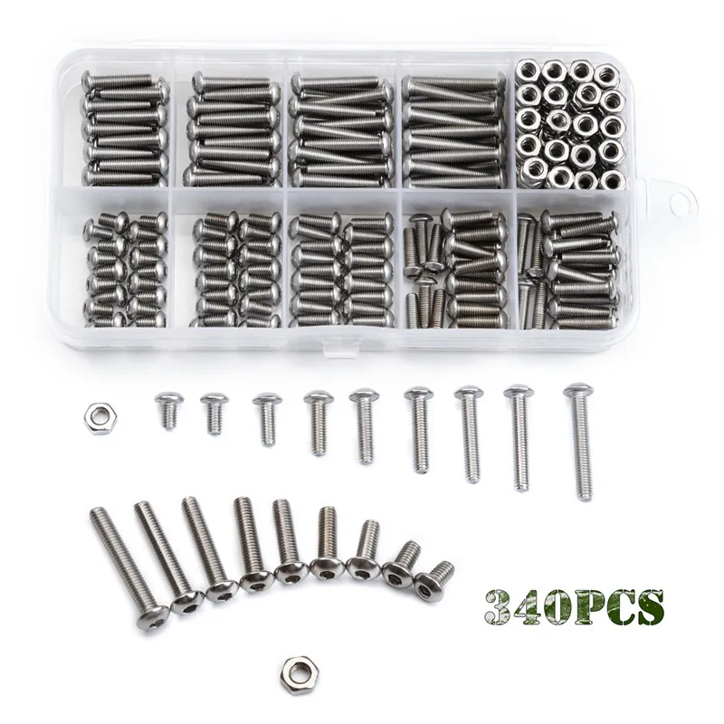 

340PCS/Lot M3 Button Head Hex Socket Screw Bolt Nut 304 Stainless Steel M3 Screws Nuts Hardware Fastener Assortment Kit