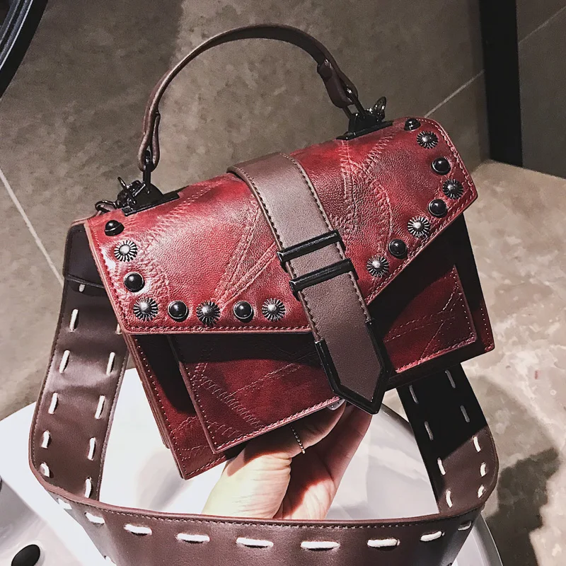 

2019 Fashion Women Black Rivet Shoulder Bag Women's Messenger Bags Wide Strap Satchel Tote Cross Body Bag free shipping 352