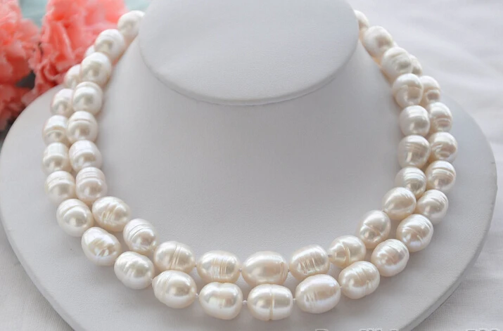 

shipping z5931 Huge 2strands 15mm white rice FRESHWATER CULTURED pearl necklace