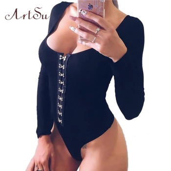 

ArtSu Women Bodysuit Sexy Long Sleeve New Fashion Playsuit Clubwear Party Body Romper Button Bodycon Female Catsuit ASJU40062