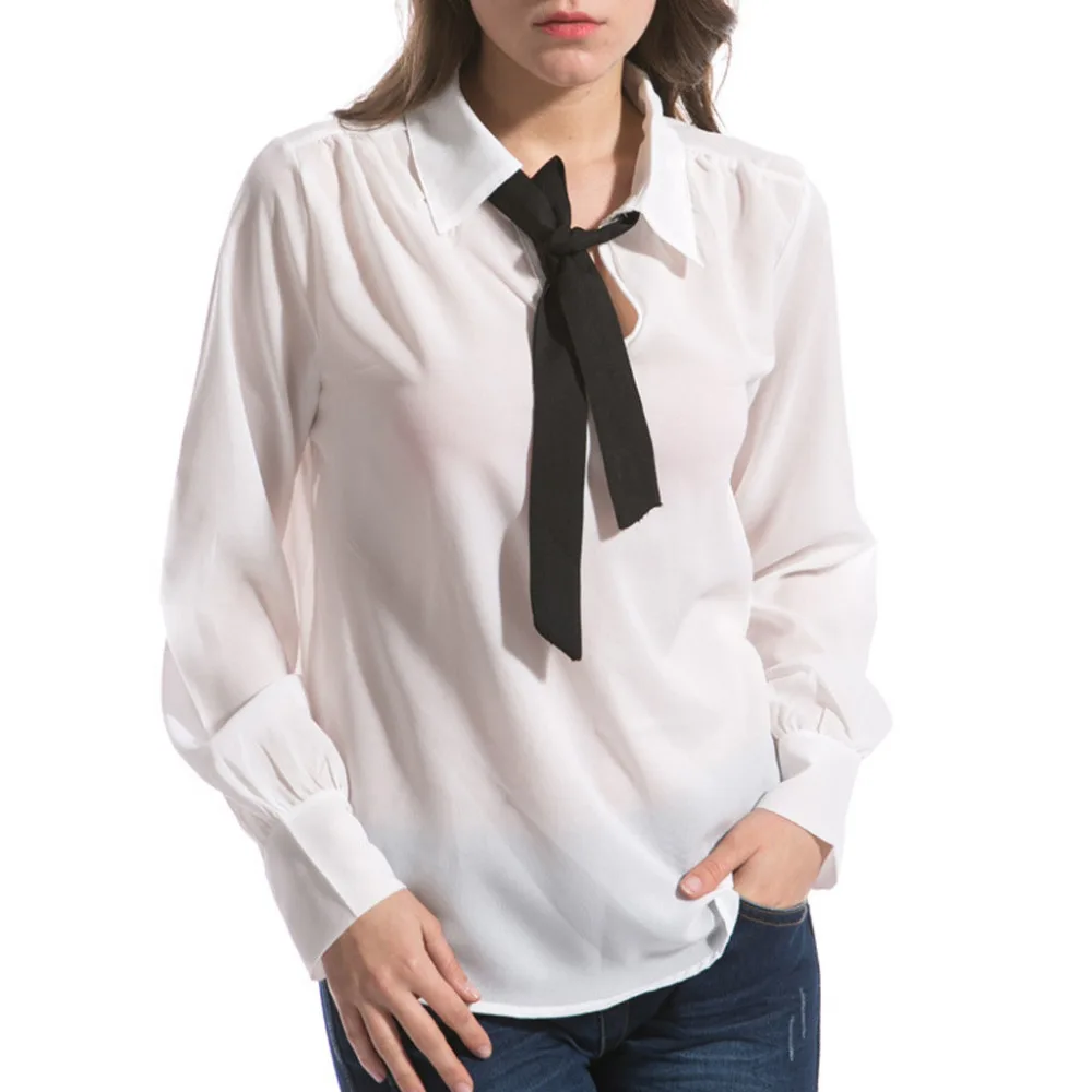 

Plus Size Blouse Women Casual Solid Bow Bandage Full Sleeve Turn-Down Collar Chiffon Blouse Office Women Blouse Chemise Femme
