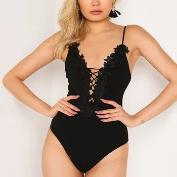

NORMOV Sexy Bar Women Jumpsuits Fashion Lace Patchwork Drawstring Backless Spaghetti Strap Polyester Bodysuits Jumpsuits Club