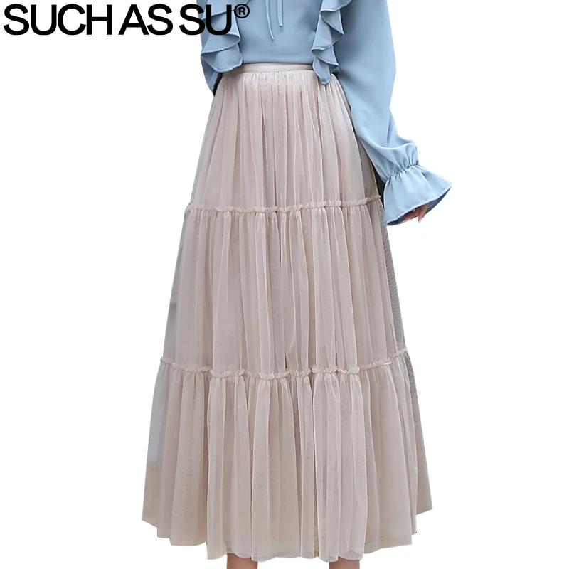 

New 2019 Spring Summer 4 Color Pleated Skirts Women Mesh Patchwork Elastic Large Size High Waist Long Skirt Female Tutu Skirt