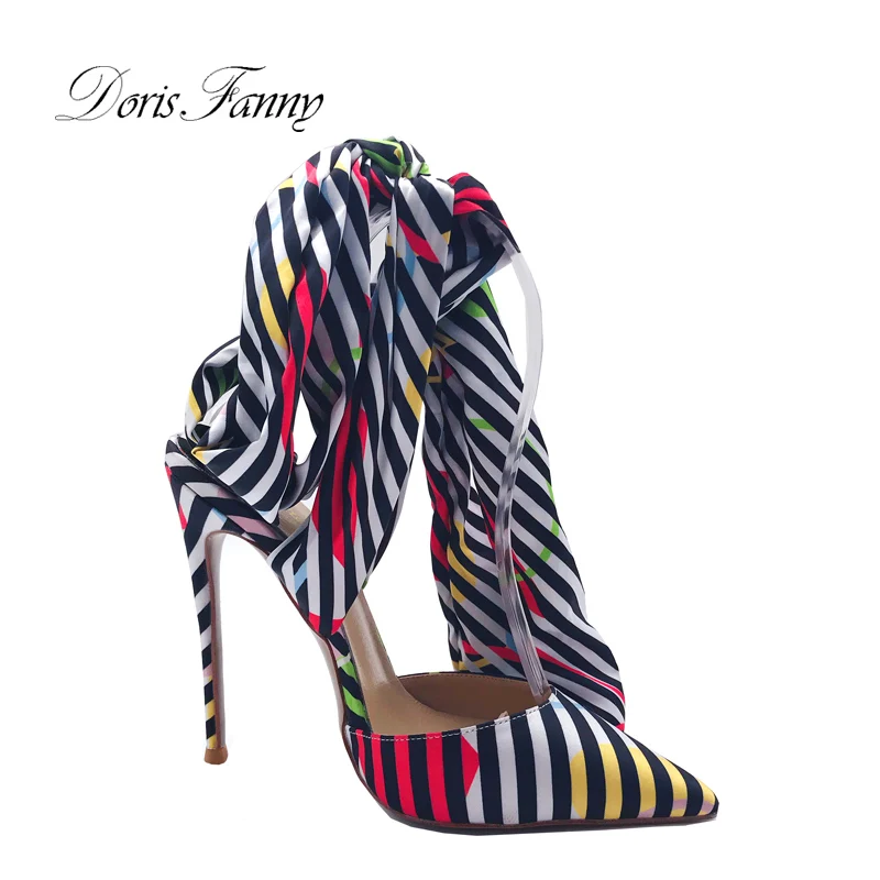 Doris Fanny 2019 New Arrival Summer ladies high heels printed Ankle strap Silk Women Heels Wedding Party Shoes