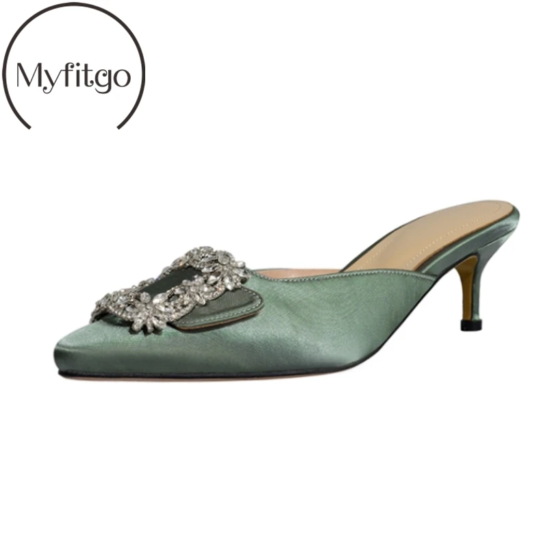 

Myfitgo Glittering Diamond Women Slippers 5.5CM Thin Heels Shallow Slip on Shoes Female Summer Outside Casual Shoe Bling Crystal