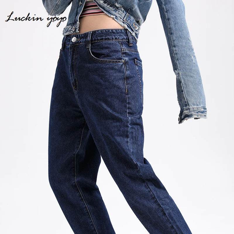 Luckinyoyo Mid Waist Mom Jeans Casual Plus Size Women's Jeans Pant Cotton Loose Style Full Length High Street Denim Jeans