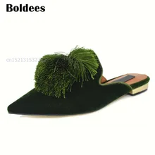 Роскошные бархатные Тапочки; женские шлепанцы с острым носком и кисточками; женская модная обувь; лоферы; коллекция года