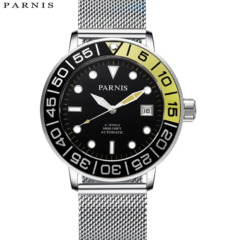 

2017 New Arrival Mens Automatic Watch Parnis Stainless Steel Mesh Band Luminous Mechanical Watches Hombre Relojes de pulsera