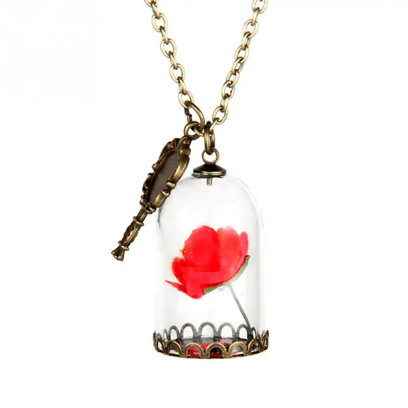 

Beauty and the Beast Necklace Enchanted Rose in Terrarium Pendant Plated Valentines Day Fairy Tale Victorian Jewelry