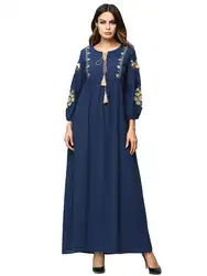 Новая темно-синяя вышитая мусульманская одежда, женская мусульманская одежда, хлопковое мусульманское платье с длинными рукавами, халат