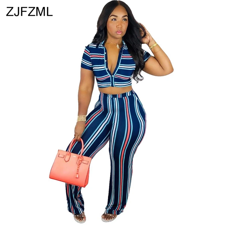 

Colorful Striped Sexy Two Piece Tracksuit Female Clothes Turn Down Collar Short Sleeve Crop Top And Straight Pant Summer Outfit