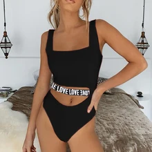 Сексуальный цельный купальник с высоким вырезом, женский бикини в винтажном стиле с буквенным принтом, Однотонный женский купальник-монокини, пляжная одежда