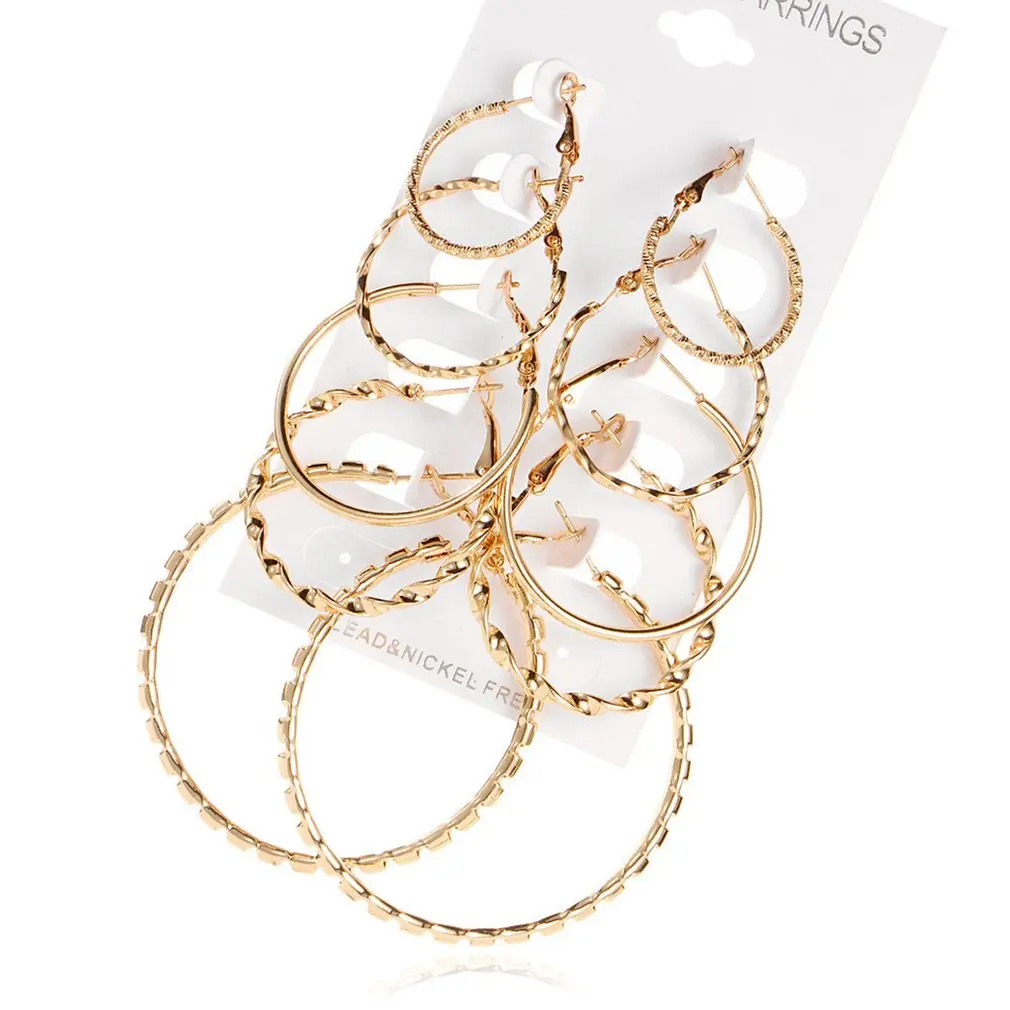 

5pairs/pack Alloy Big Hoop Earrings for Women Round Combination Set Fashion Jewelry Party Wedding Daily Accessories