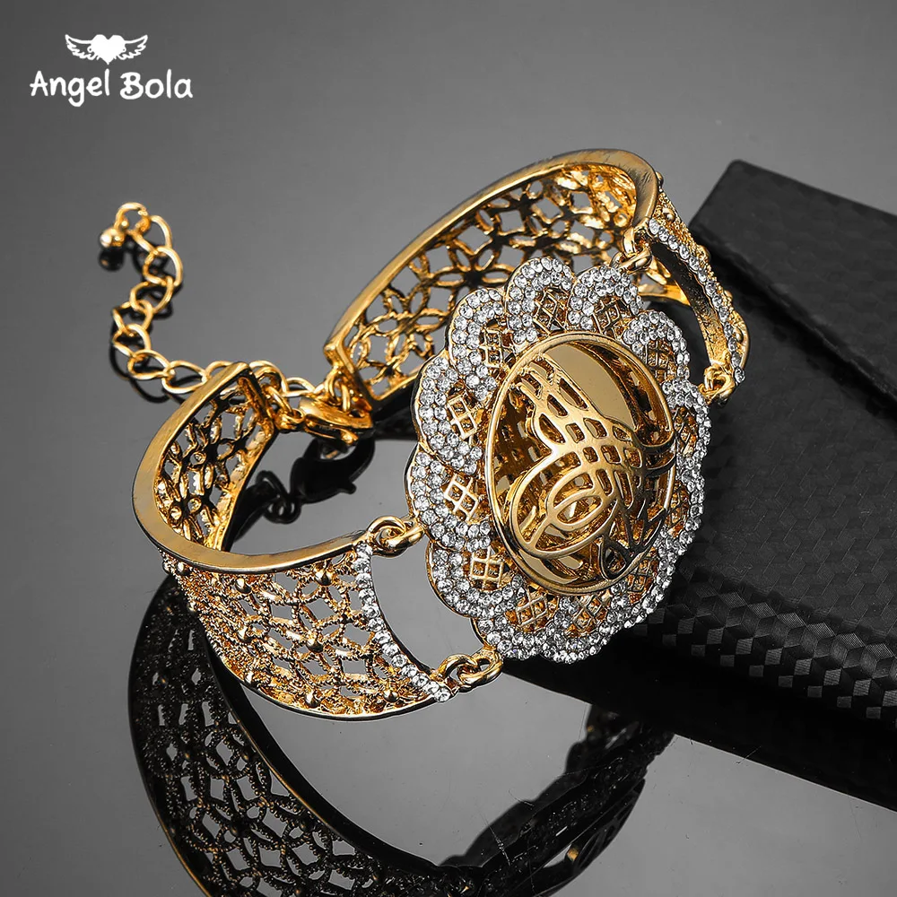 

Vintage Gold Color Flower Wide Cuff Bangle Muslim Islam Wedding Gift Middle East Jewelry Bracelets Arab Allah Bracelet