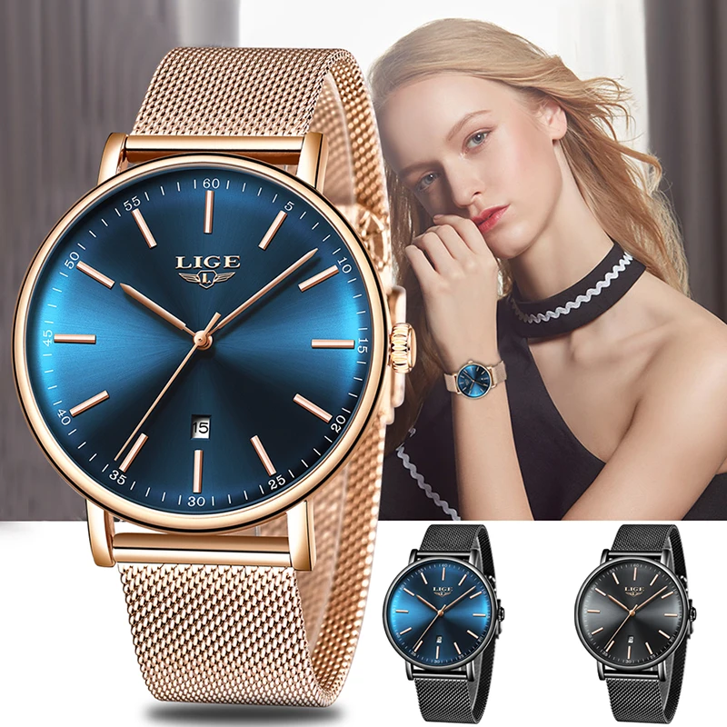 

Reloj Mujer LIGE Women Watches Top Brand Luxury Ladies Mesh Belt Ultra-thin Watch Stainless Steel Waterproof Clock Quartz Watch