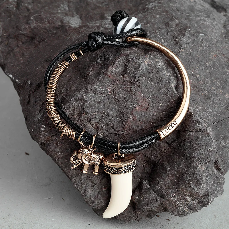 Women Bohemia Elephant & Horn Bracelets Vintage Antique Gold White Blue